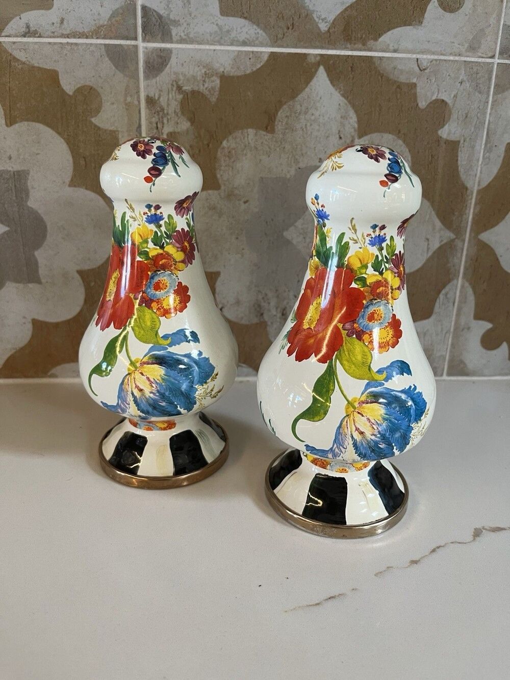 Mackenzie Childs White Floral Enamel Large Salt & Pepper Shaker Set 7” Tall